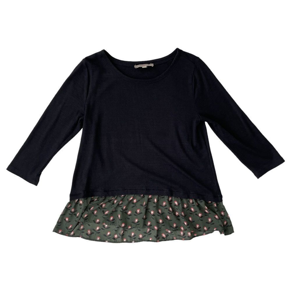 Loft 3/4 Sleeve Floral Navy Blue Blouse M